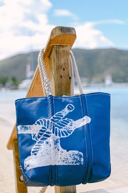 Sea Bags Recycled Sail Cloth Blue Stripe Ogunquit Beach Tote Large