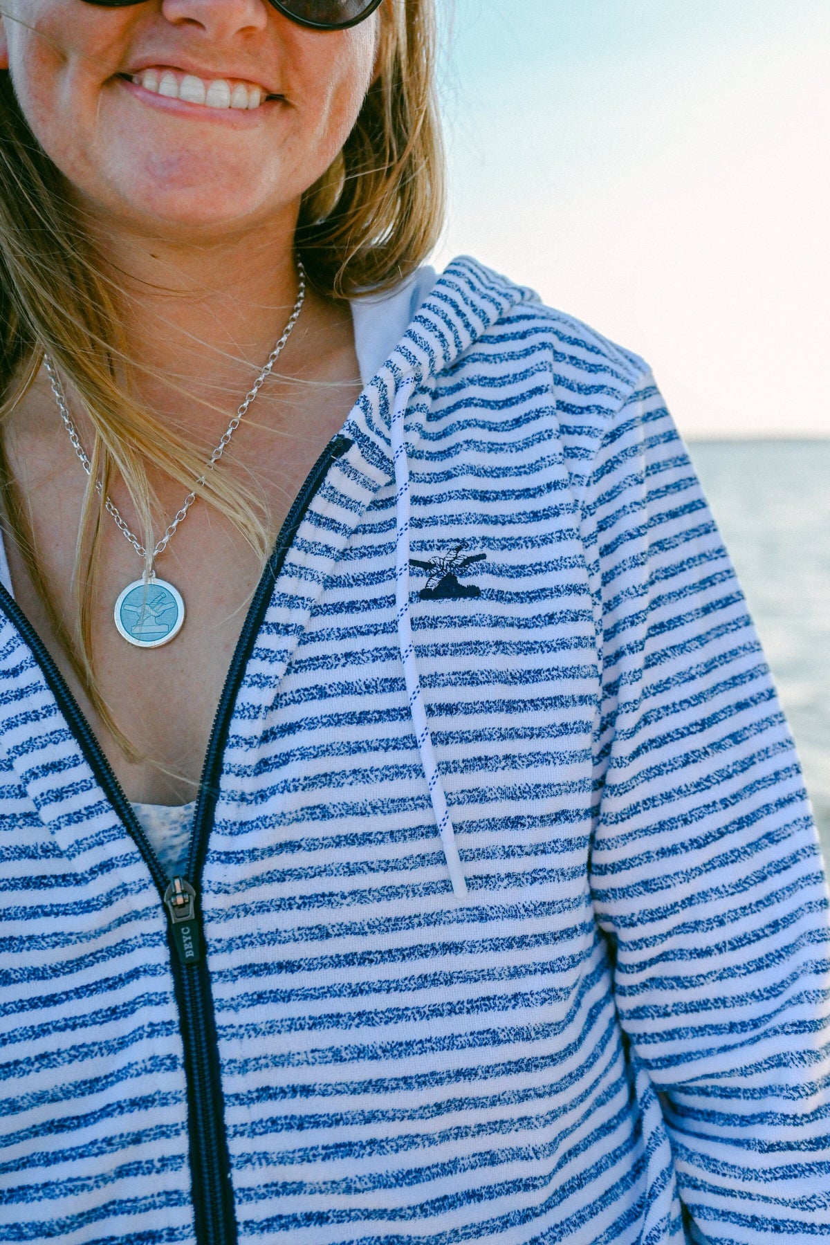 Women's Indigo Striped Terry Hoodie | Bitter End Provisions