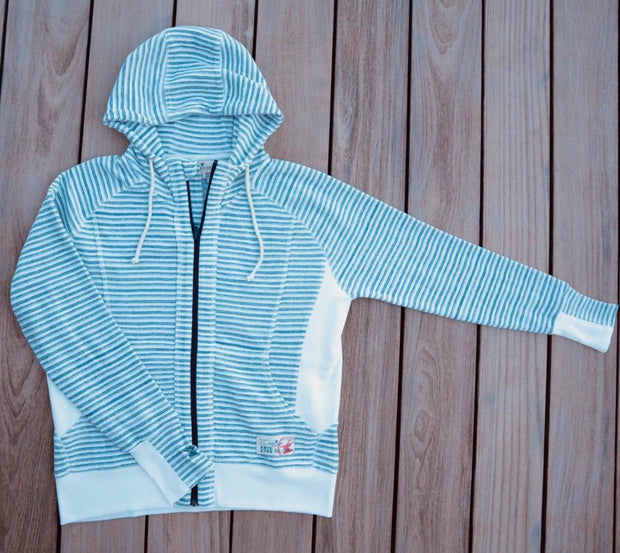 Women's French Terry Indigo Striped Hoodie-Tops-Bitter End Provisions