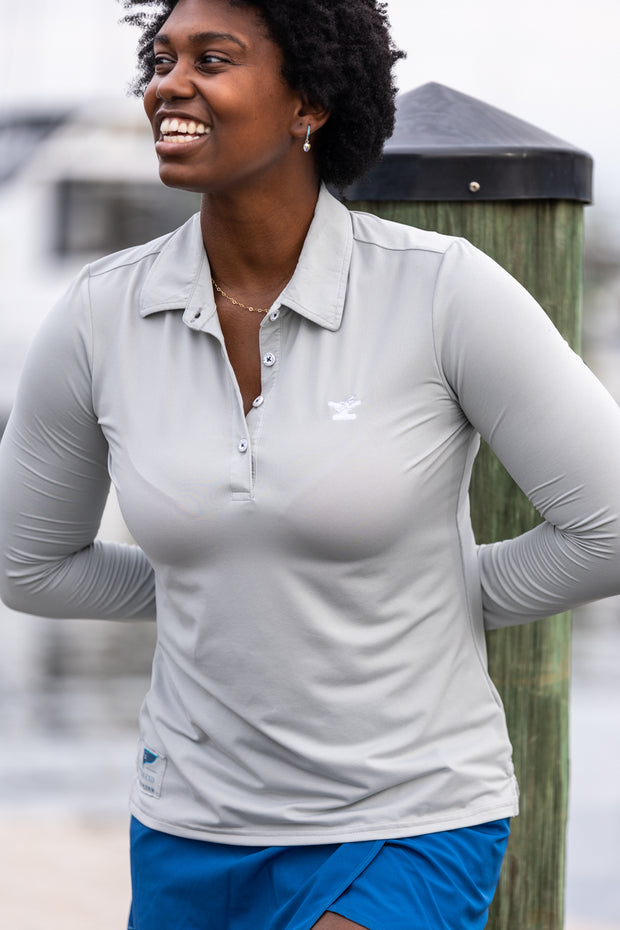 Women's Dritek Long Sleeve Polo I Highrise Gray-Tops-Bitter End Provisions